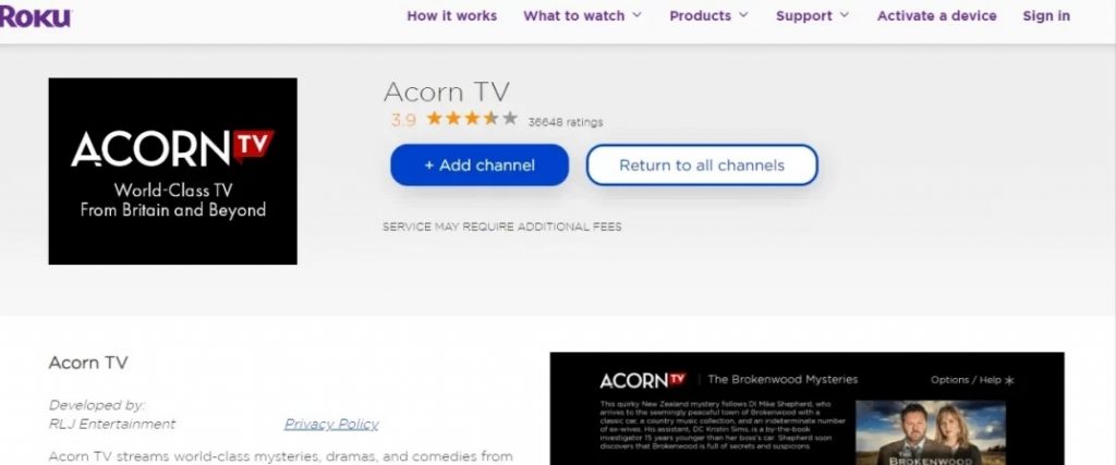 Click + Add channel to install Acorn TV on Roku