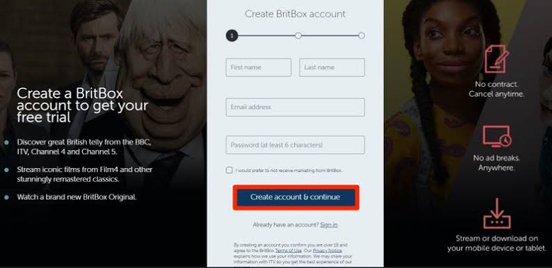 BritBox Free Trial- click on Create account