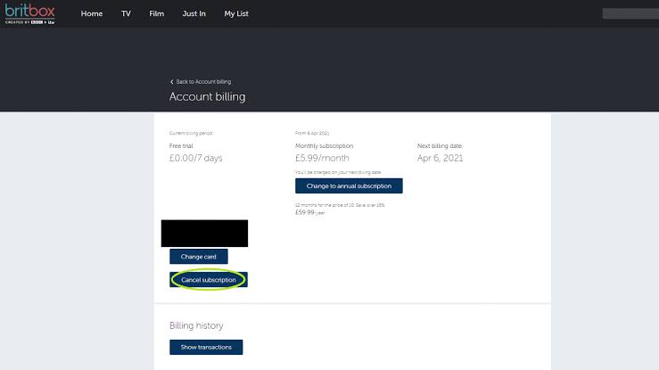 click Cancel Subscription to cancel BritBox Free Trial