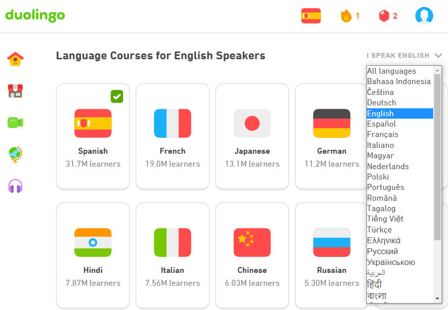 choose the base language that Change a Course Language on Duolingo
