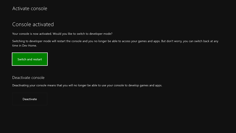 select Switch and Restart to enable Developer Mode on Xbox One