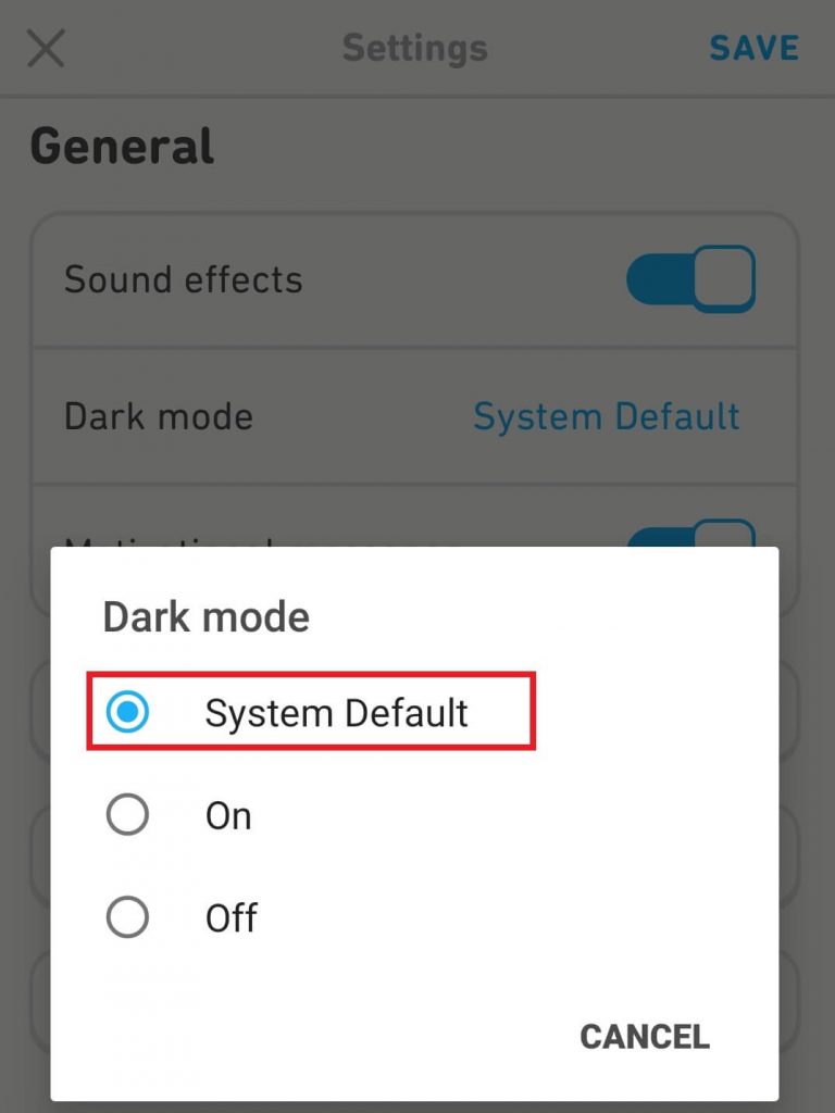Select System Default option