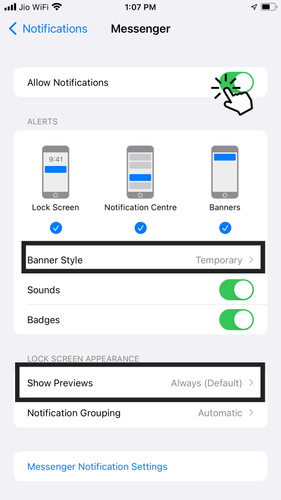 Set the Facebook Messenger settings 