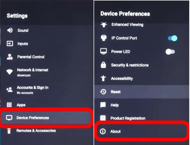 Select Device Preferences→ About