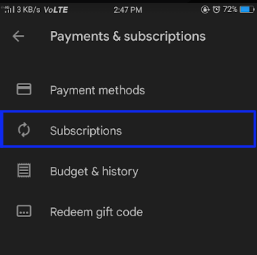 Select the Subscriptions option 