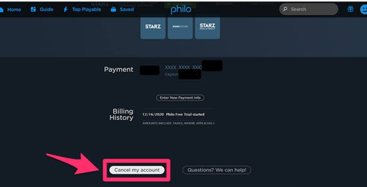select Cancel my account to Cancel Philo 
