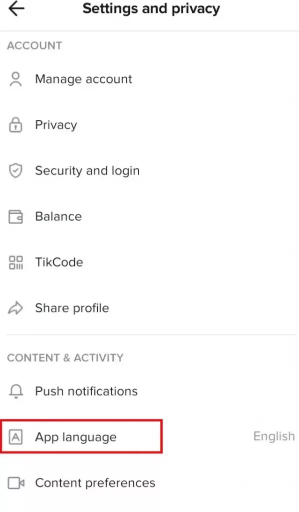 Choose App Language in TikTok