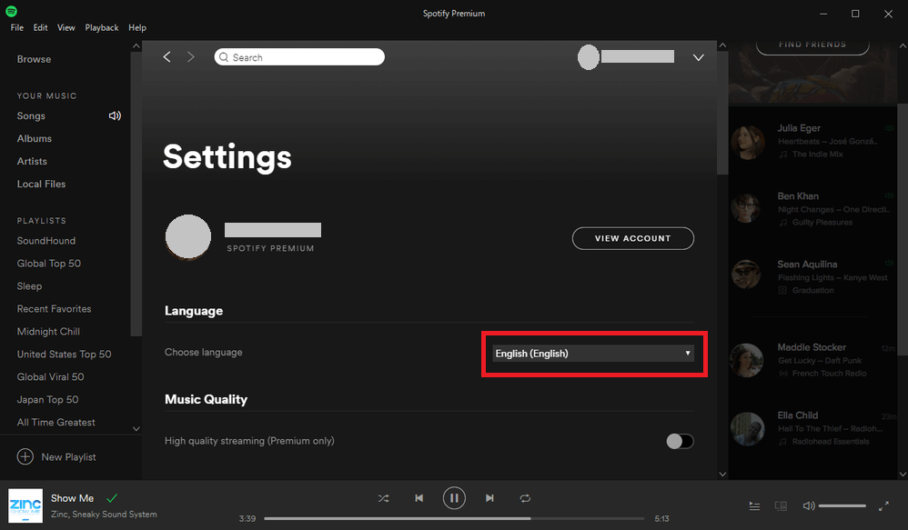 click on the drop-down arrow to Change Language on Spotify