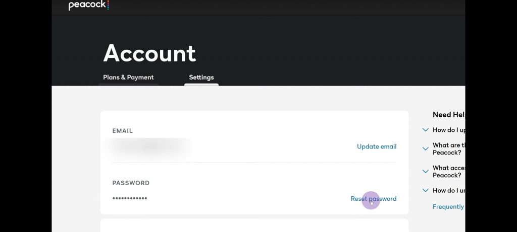 click the Reset password to  Change Peacock Password 
