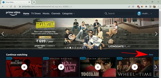  select Done option to Clear Continue Watching on Amazon Prime 