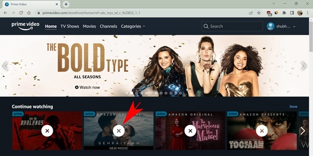 Click the X (Cross icon) to Clear Continue Watching on Amazon Prime 