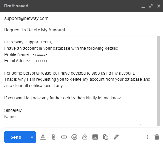 Delete Betway Account Through Email