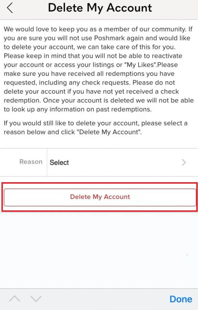 select the reason for deleting your Poshmark account.