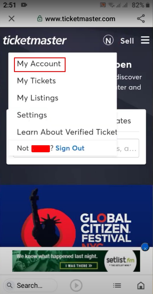 Delete Ticketmaster account on mobile