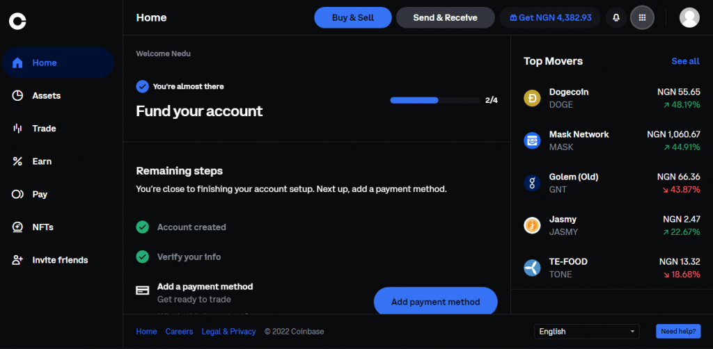 Coinbase site will appear with a dark theme