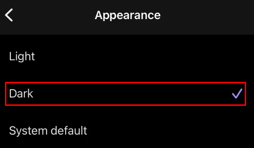 Tap Dark to Enable Dark Mode on Microsoft Teams
