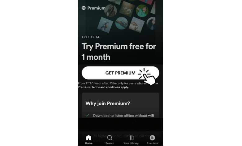 Click Get Premium to get Spotify free trial