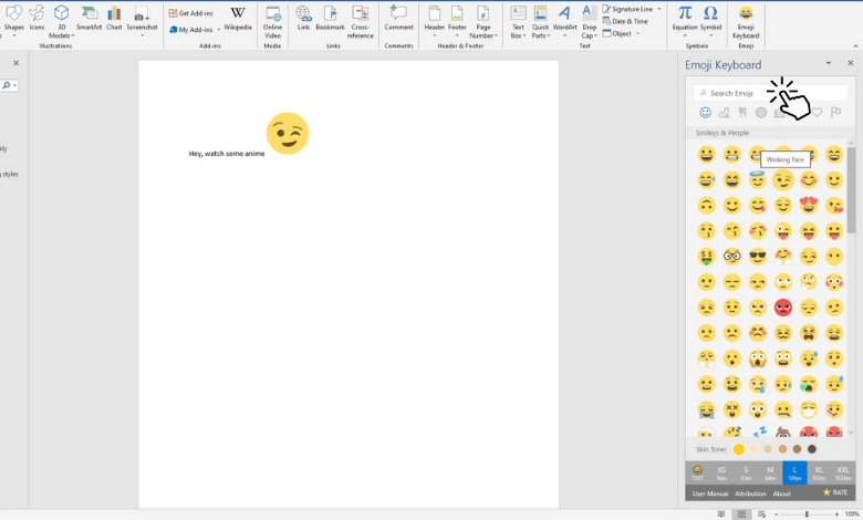 Click Search to find emoji on Word