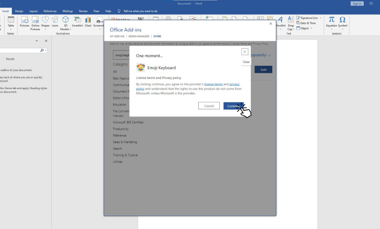 Click Continue to insert emoji on Word