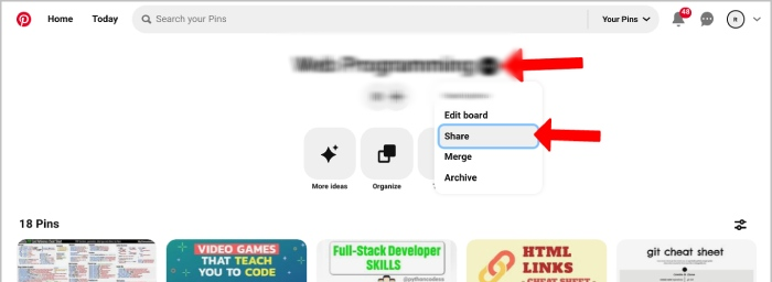 click Share option to Share Pinterest Board