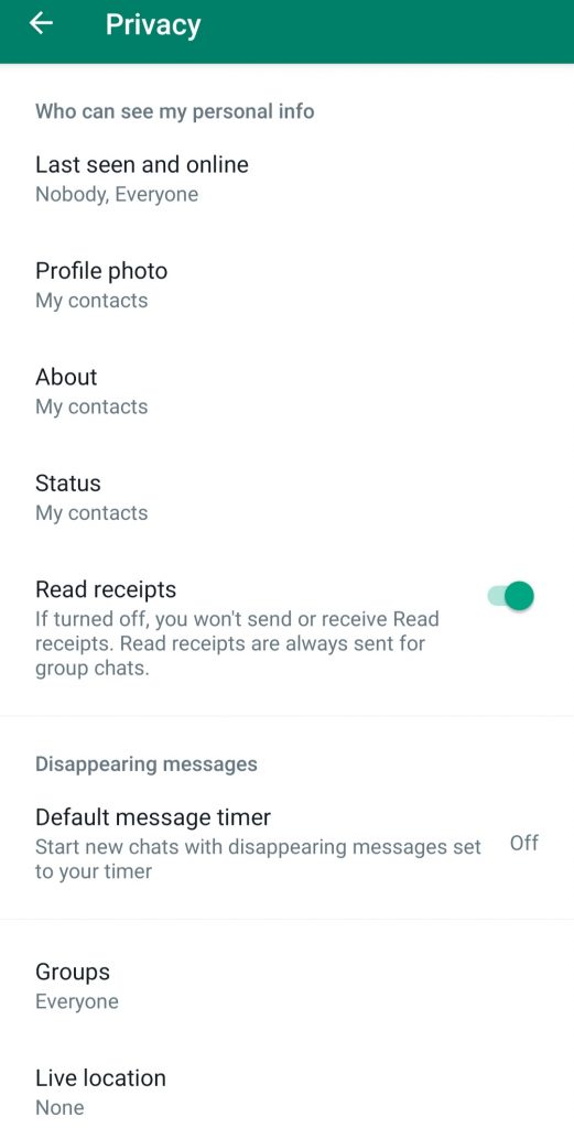 tap the toggle to turn off Read Receipts on WhatsApp 