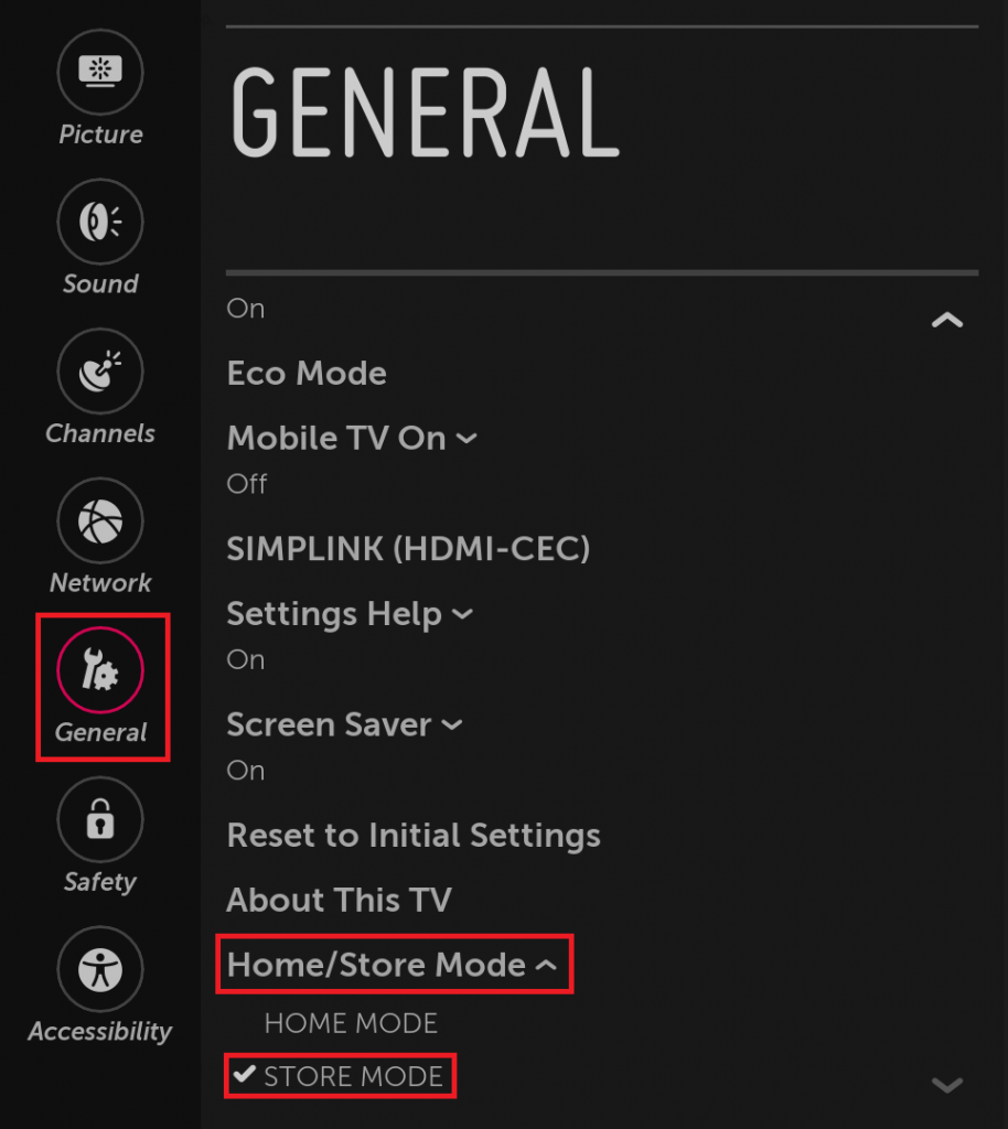 tap Store Mode to Turn On Demo Mode on LG Smart TV