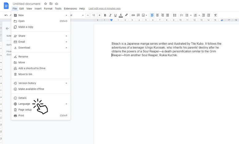 Click Language to change Google Docs language