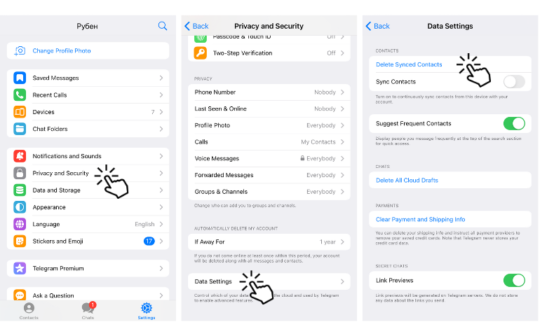 Navigate Privacy & Security, Data Settings and click Select Synced Contacts