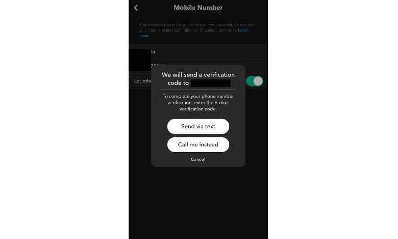 Select Send Via Text or Call Me Instead option to verify phone number