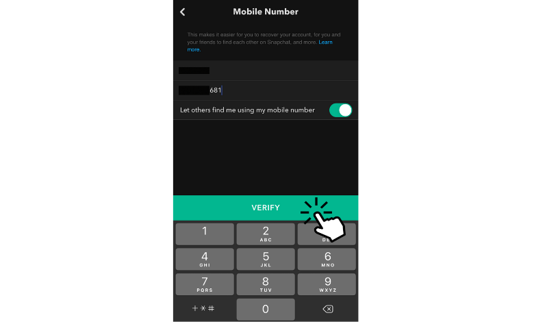 Click Verify to remove phone number from Snapchat