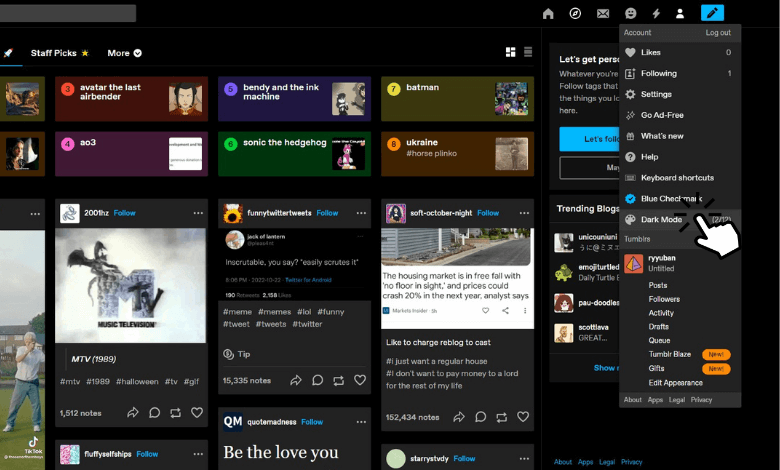 Select Dark Mode on Tumblr