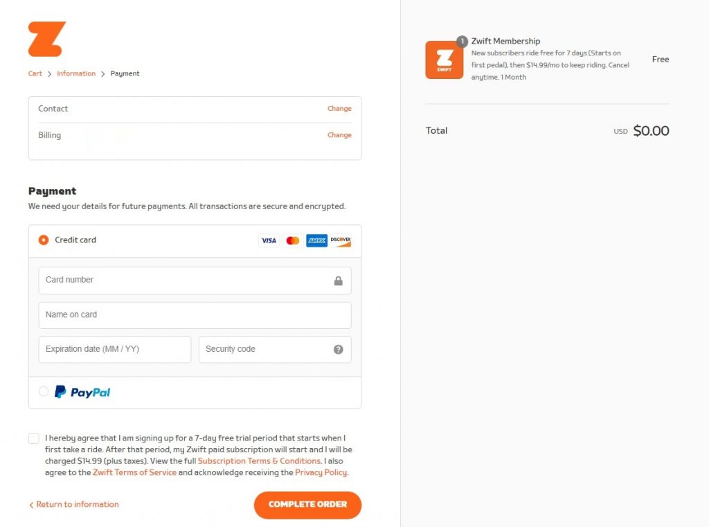 Zwift order completion for free trial