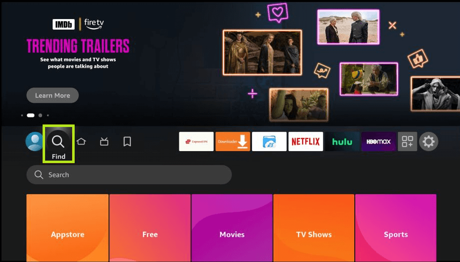 Click on the Find icon on Firestick home page. 