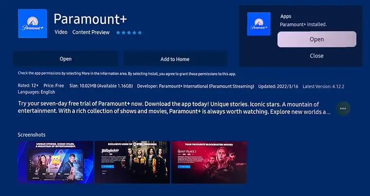 tap Open to launch the Paramount+ app on your Samsung Smart TV.