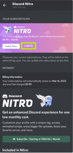 On the next page, click on Cancel to Cancel Discord Nitro. 