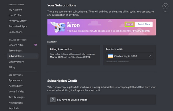 Click on the Cancel Button to Cancel Discord Nitro. 