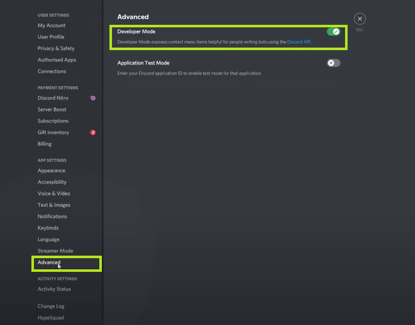 Select Advanced from the settings page and toggle up Developer Mode. 