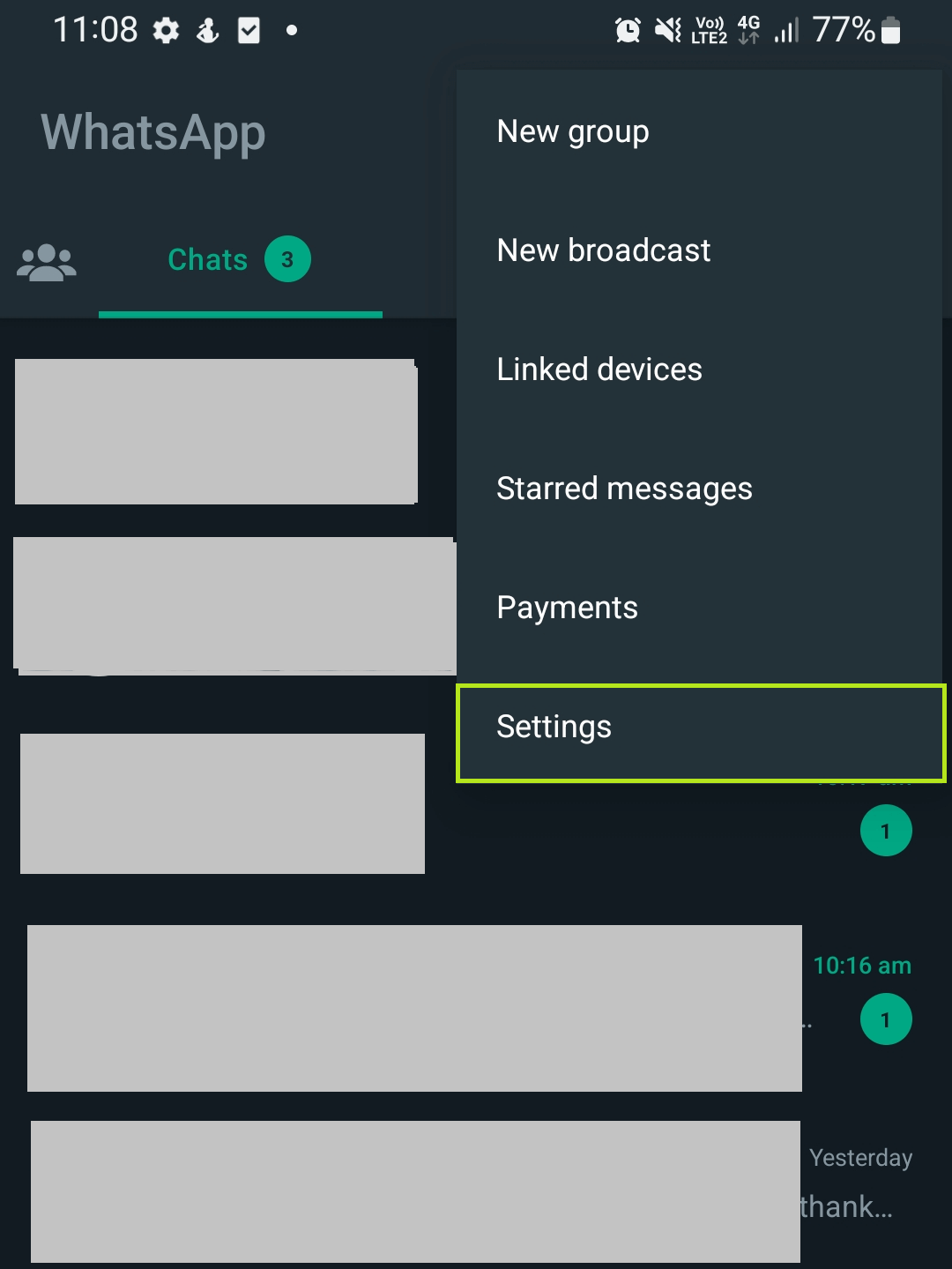Click on the Settings option to Create Avatar on Whatsapp. 