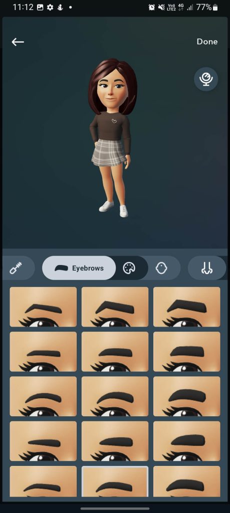 Choose the eyebrow shape & color to Create Avatar on Whatsapp. 