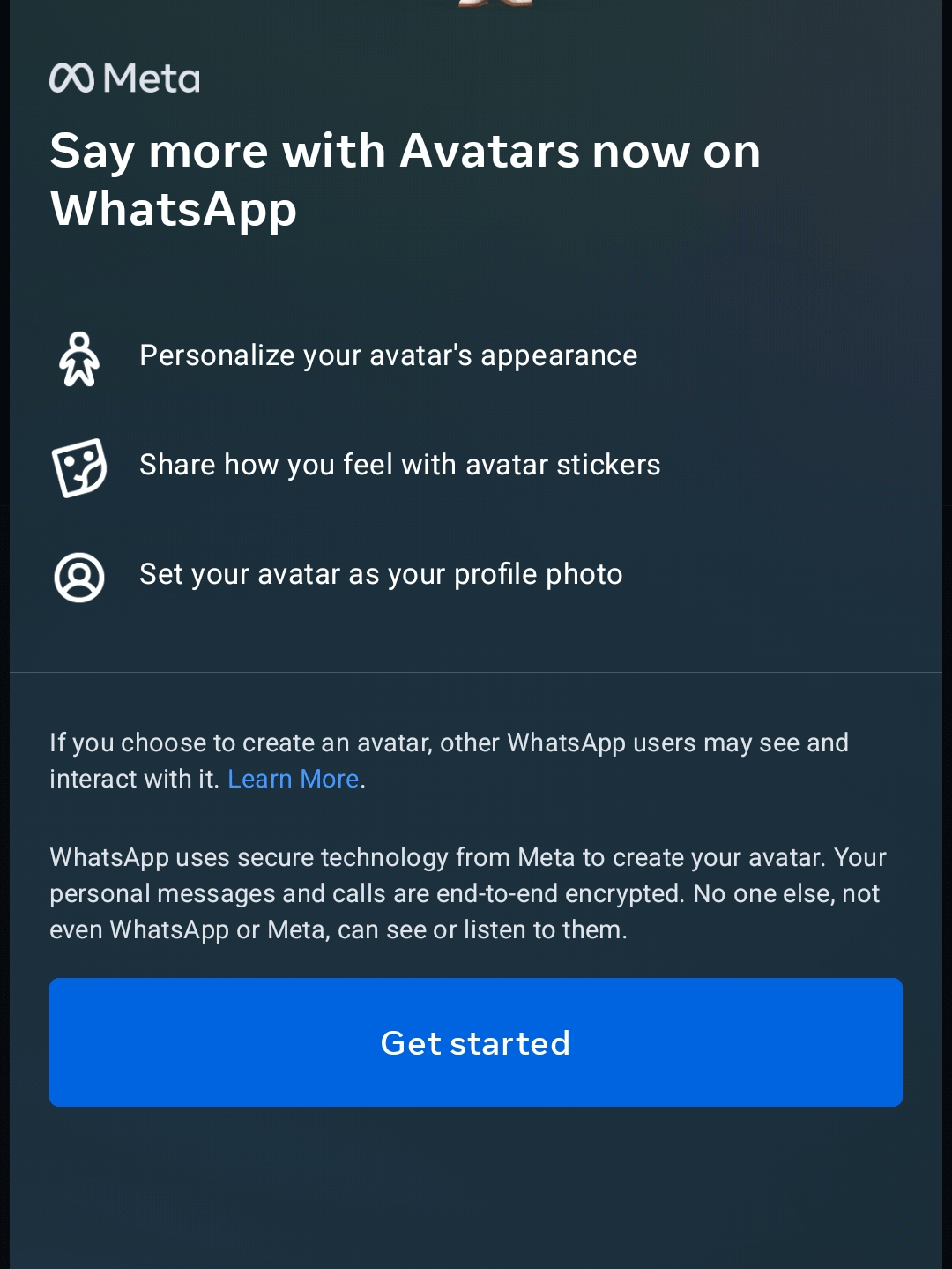 Click on Get Started to Create Avatar on Whatsapp. 