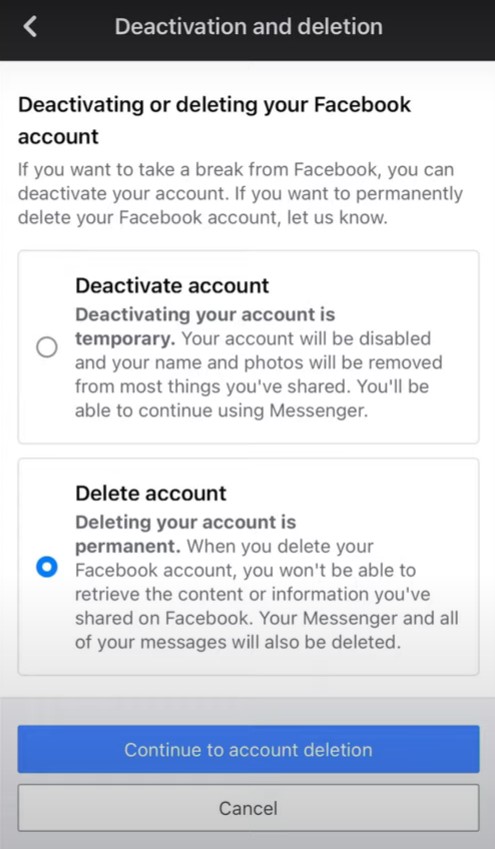 Delete Facebook account