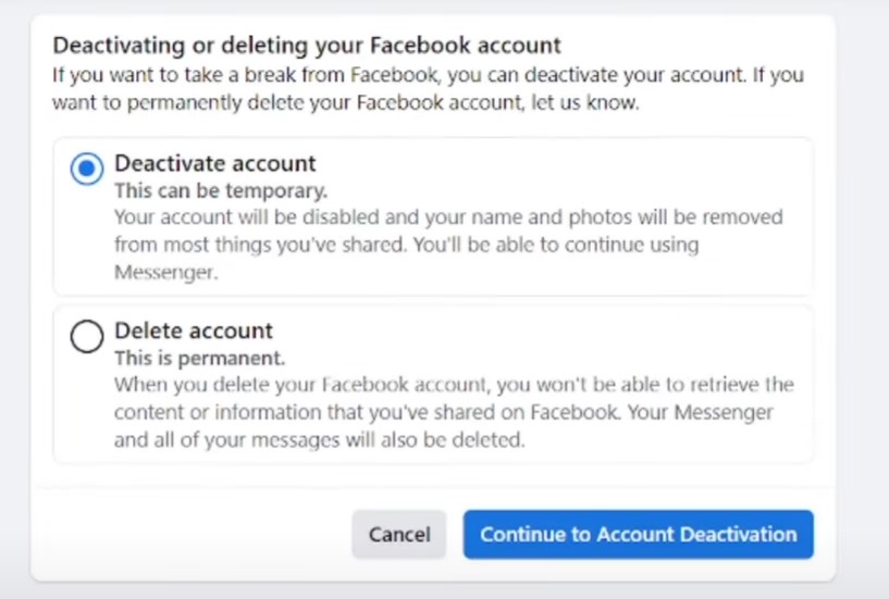 Facebook account deactivation on desktop