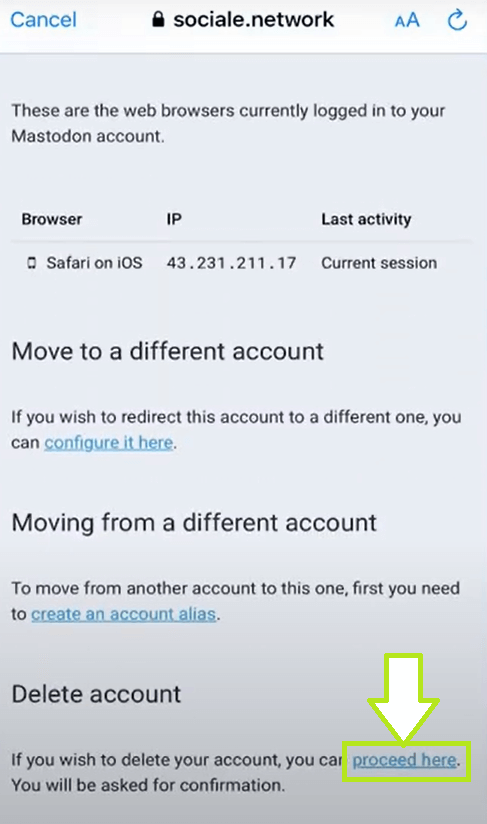 Click on Proceed Here option to Delete Mastodon Account. 