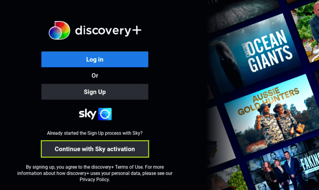 Click on Continue with Sky Activation and enter your Sky ID. 