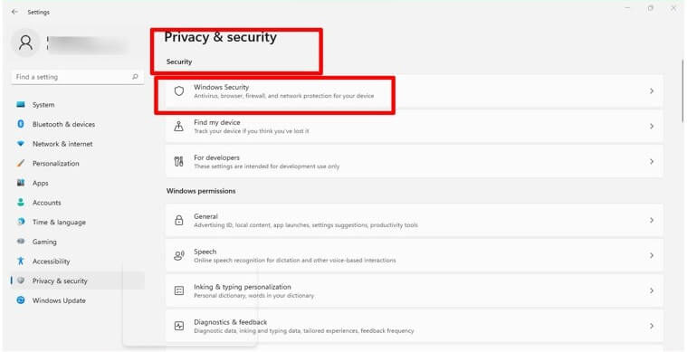 Choose Privacy & Security → Windows Security