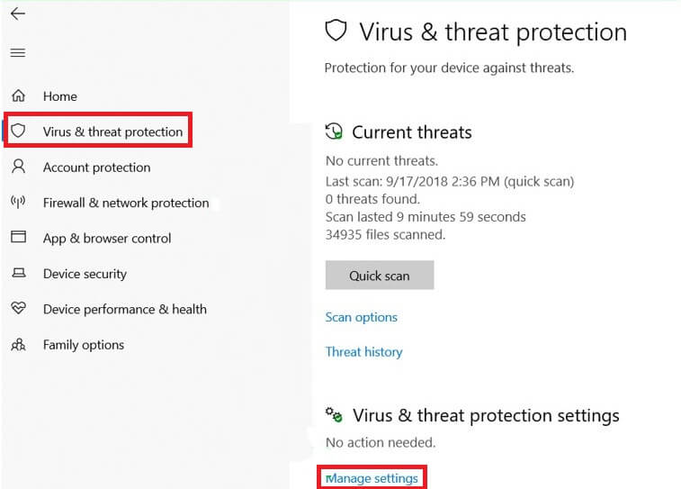 select the Virus & Treat Protection option.