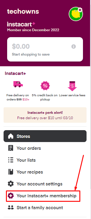 Select Your Instacart+ membership to Cancel Instacart Subscription