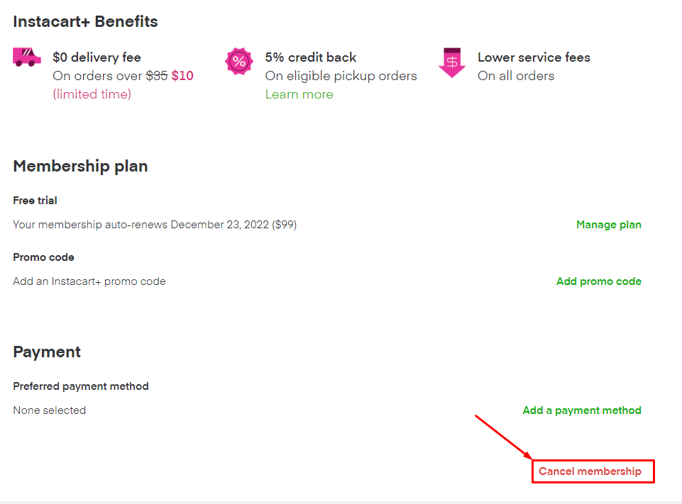 tap the Cancel Membership on Instacart