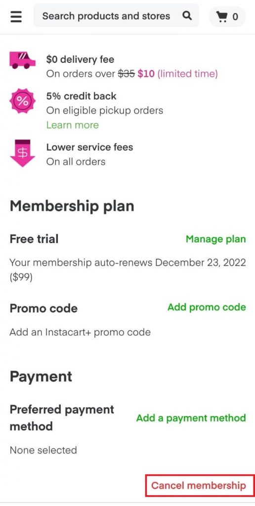 tap the Cancel Membership option to Cancel Instacart Subscription