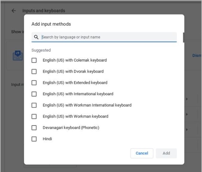 click Add button to Change Keyboard Language on Chromebook